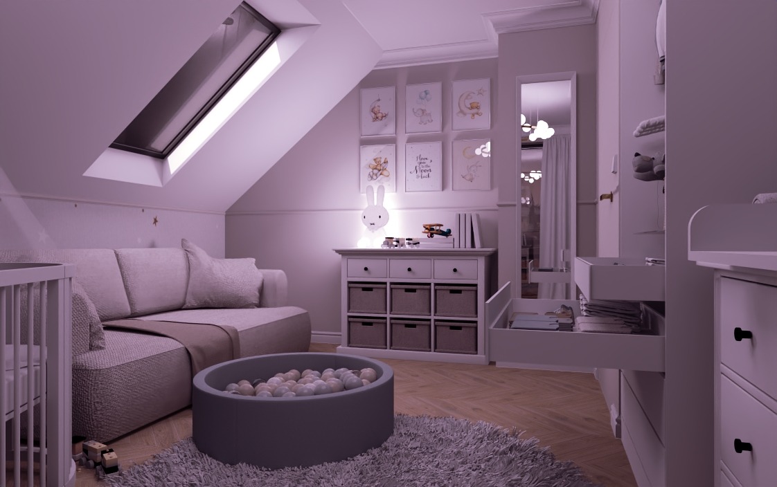 Jasny pokój dziecięcy na poddaszu z sofą, basenem z kulkami, białymi meblami i dekoracjami ściennymi