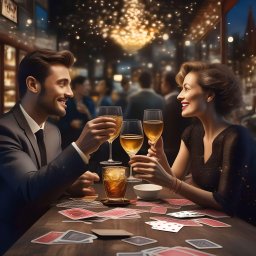 MedPirs Psychologia Psychoterapia - Elegancko ubrana para wznosi toast kieliszkami białego wina nad stołem z rozrzuconymi kartami do gry, w tle rozświetlona restauracja.