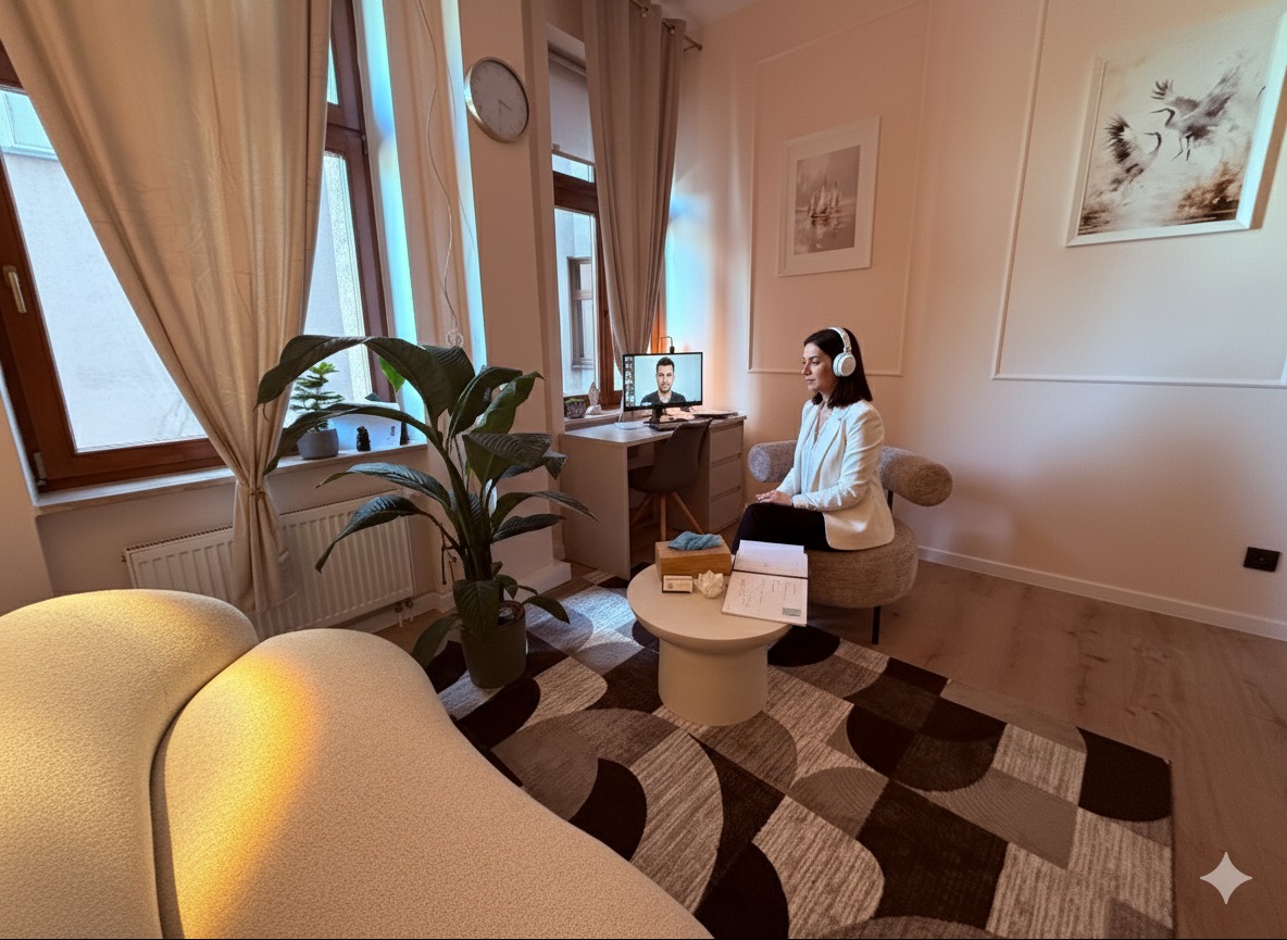 Kobieta w słuchawkach siedzi w gabinecie podczas sesji online, na biurku widoczny ekran z wizerunkiem mężczyzny. W tle jasne ściany i dekoracje.