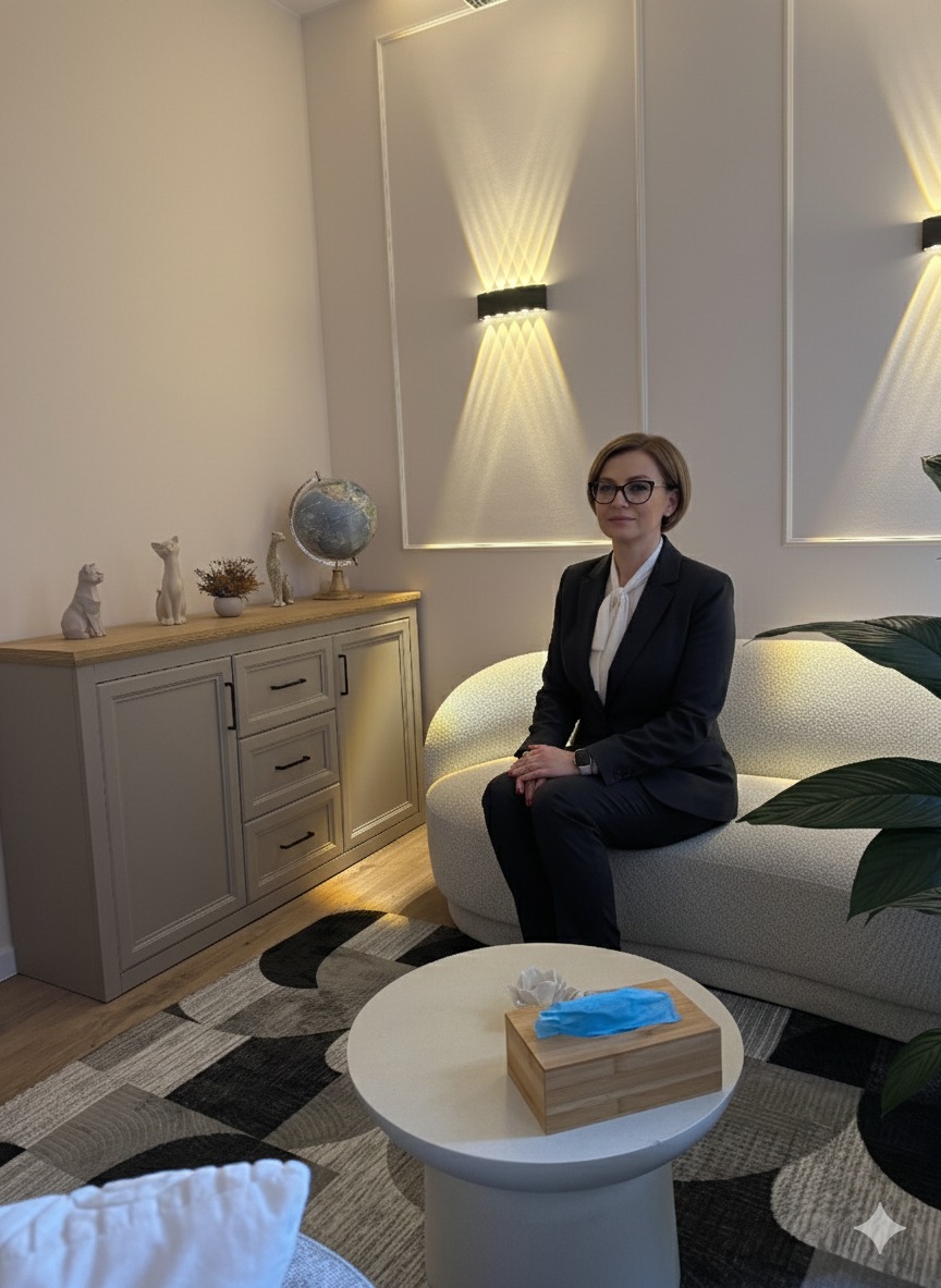 Kobieta w garniturze siedzi na sofie w gabinecie z dekoracjami i lampami ściennymi. Na stoliku chusteczki higieniczne. Profesjonalny wygląd, spokojna atmosfera.