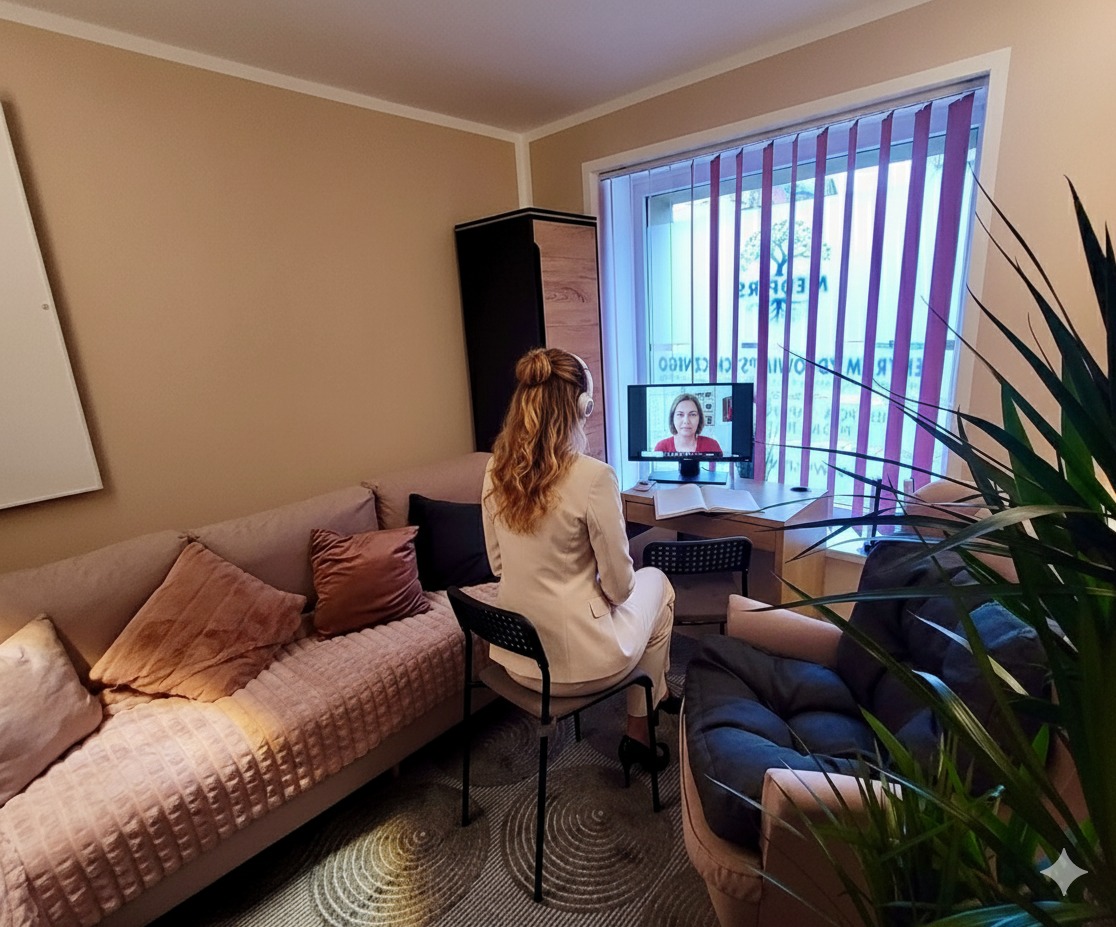 Kobieta w jasnym garniturze siedzi tyłem przed komputerem, na ekranie widoczna twarz drugiej kobiety, co sugeruje konsultację online. W tle stonowane wnętrze.