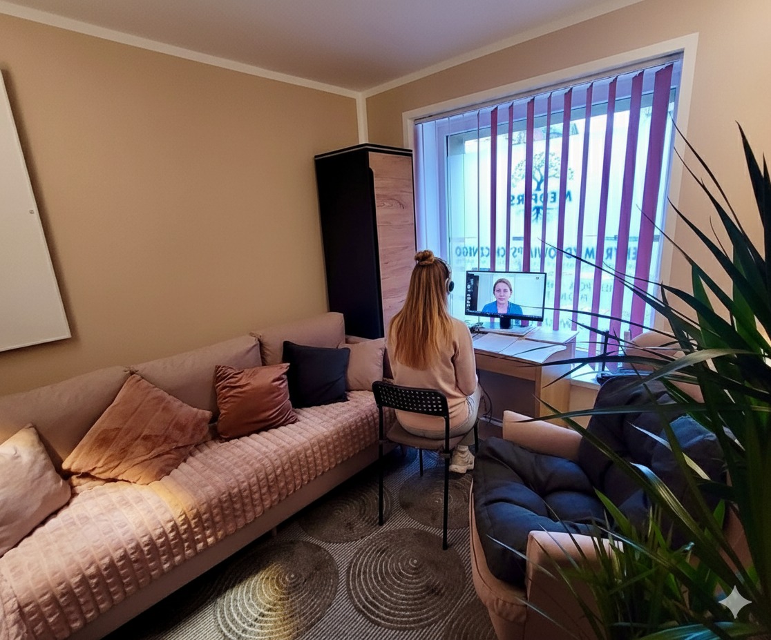 Kobieta w słuchawkach uczestniczy w sesji online, widoczna na ekranie komputera. Jasne pomieszczenie, sofa, roślina doniczkowa. Neutralne kolory ścian.