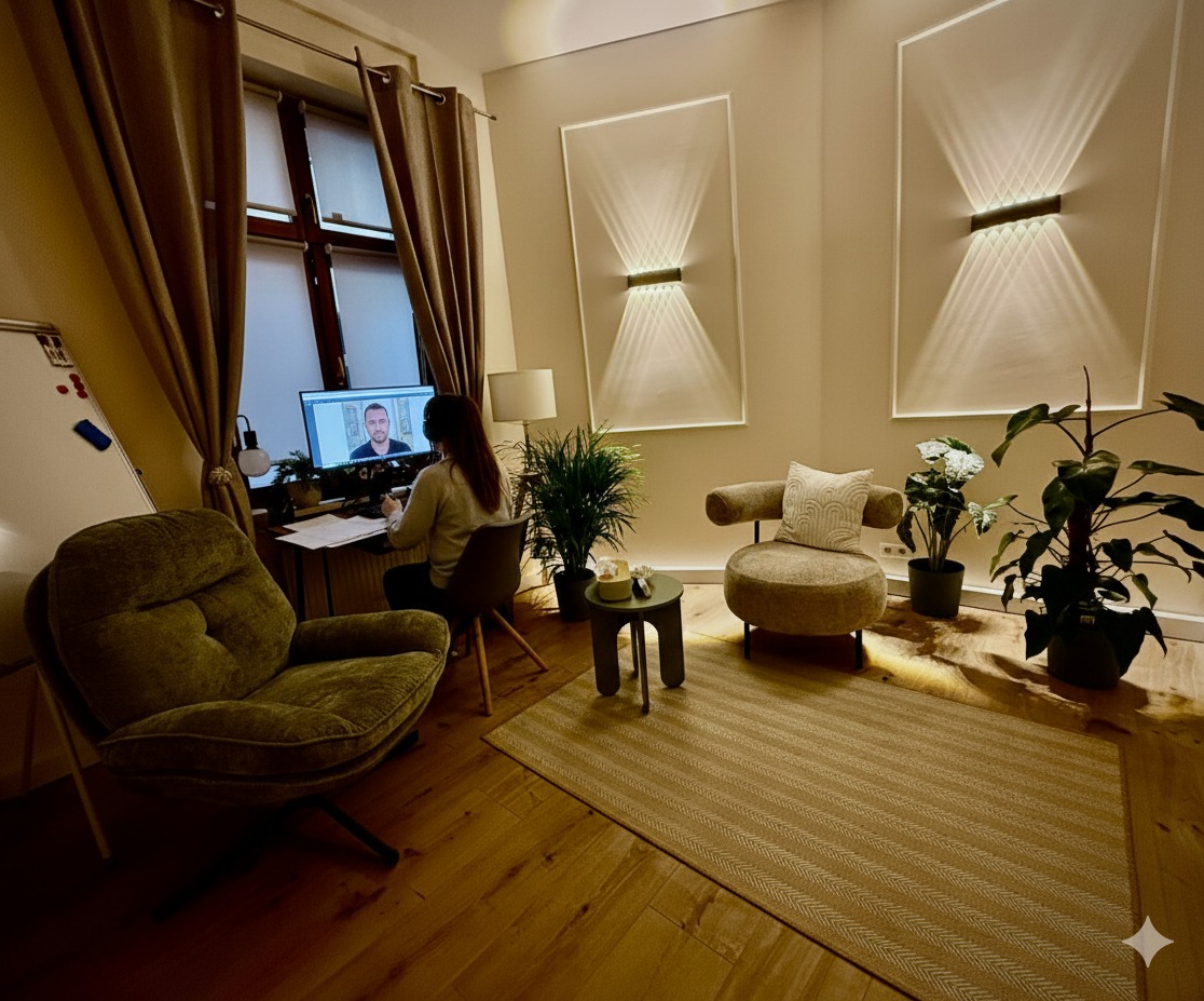 Kobieta w trakcie sesji online z mężczyzną widocznym na ekranie komputera. Jasne wnętrze z dekoracyjnymi lampami ściennymi i roślinami.