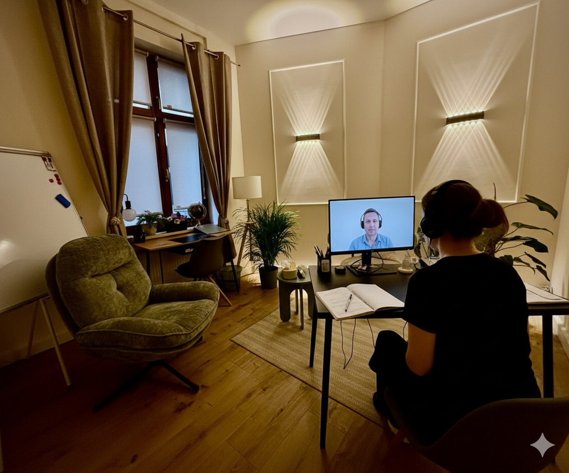 Kobieta w słuchawkach uczestniczy w sesji online z mężczyzną na monitorze w przytulnym gabinecie z biurkiem, roślinami i designerskimi lampami ściennymi.