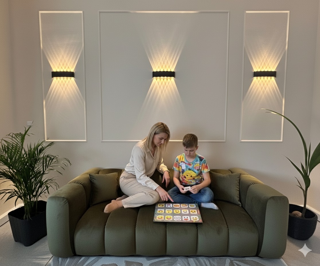 Kobieta i dziecko grają w grę na zielonej sofie w jasnym pokoju z lampami ściennymi. Wspólna aktywność w domowym zaciszu, relaks i zabawa.
