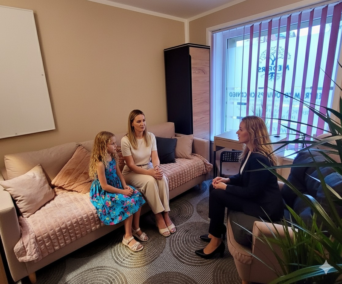 Kobieta w garniturze rozmawia z matką i córką siedzącymi na kanapie w jasnym gabinecie z roślinami i roletami w tle.