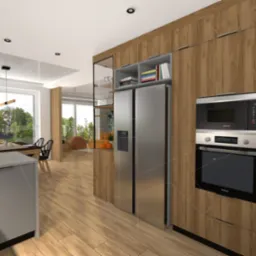 Wizualizacja nowoczesnej kuchni z drewnianymi szafkami, zabudowaną lodówką Samsung i piekarnikiem z mikrofalówką, widok na jadalnię i salon z dużymi oknami.