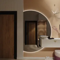 Nowoczesny przedpokój z dużym, okrągłym lustrem z podświetleniem LED, konsolą z dekoracyjną misą i wazonem z gałązkami, oraz lampami w kształcie motyli