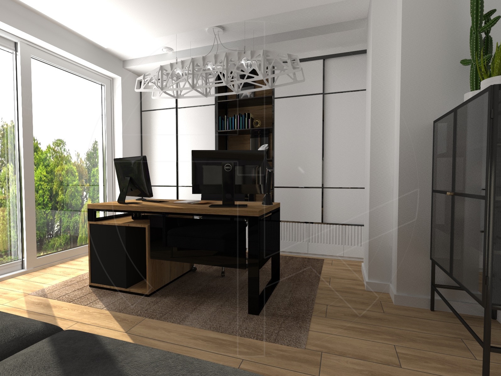 Wizualizacja nowoczesnego biura domowego z dwoma monitorami Dell na drewnianym biurku z czarnymi elementami, designerska lampa sufitowa, duży przeszklony regał i widok na zieleń za oknem.