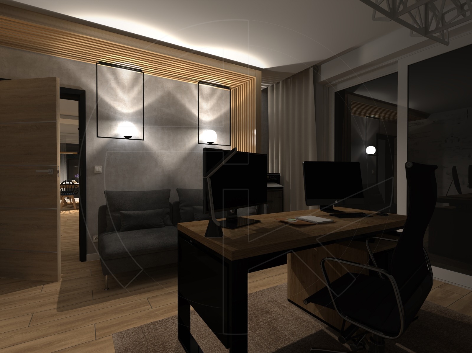 Wizualizacja biura domowego z drewnianym biurkiem, dwoma monitorami, szarą sofą i kulistymi lampami ściennymi w czarnych ramkach.