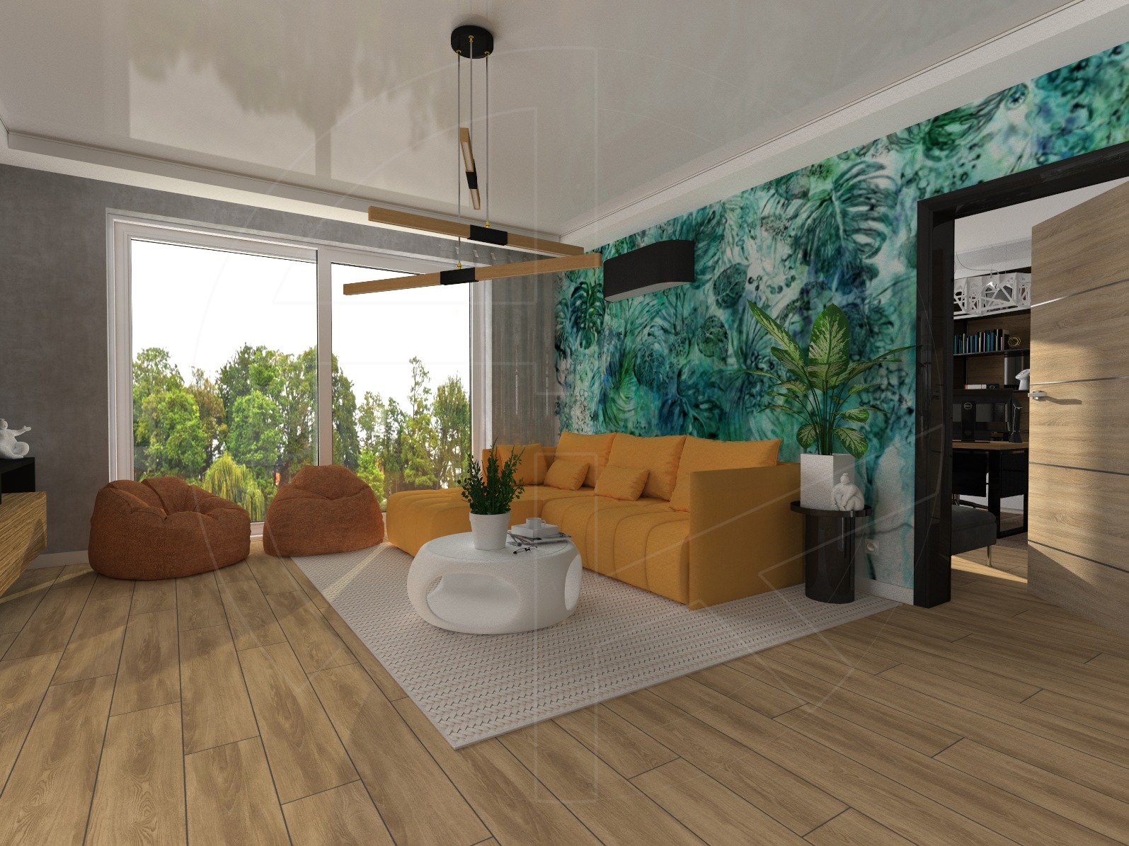 Wizualizacja salonu z żółtą sofą modułową, pufami w kształcie worków, drewnianą podłogą i ścianą z motywem roślinnym, oświetlonego nowoczesną lampą wiszącą z drewnianymi elementami.