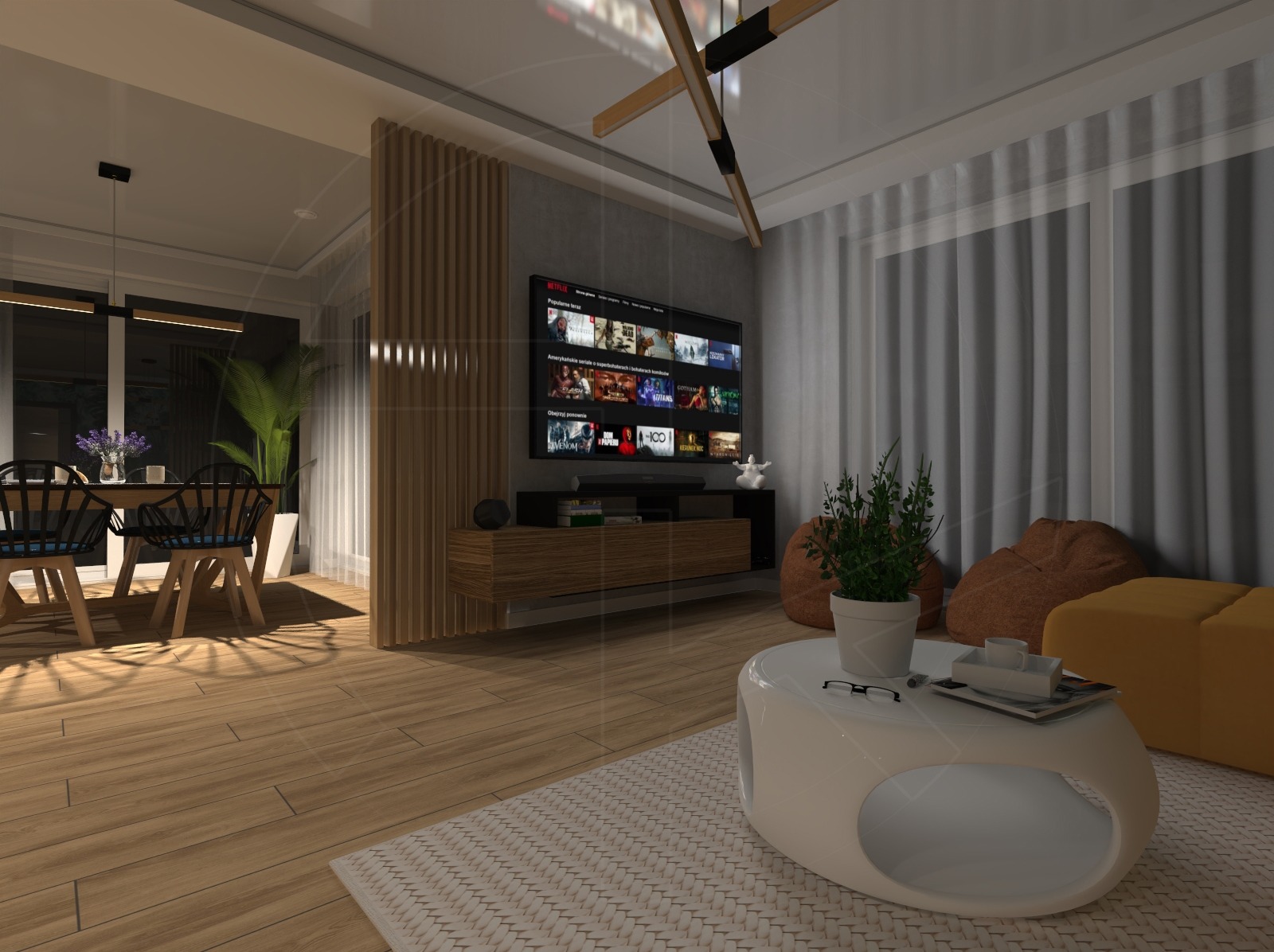 Wizualizacja salonu z jadalnią, drewniana podłoga, biały stolik kawowy z magazynem i okularami, telewizor z włączonym Netflixem, beżowe pufy, drewniana ścianka działowa.