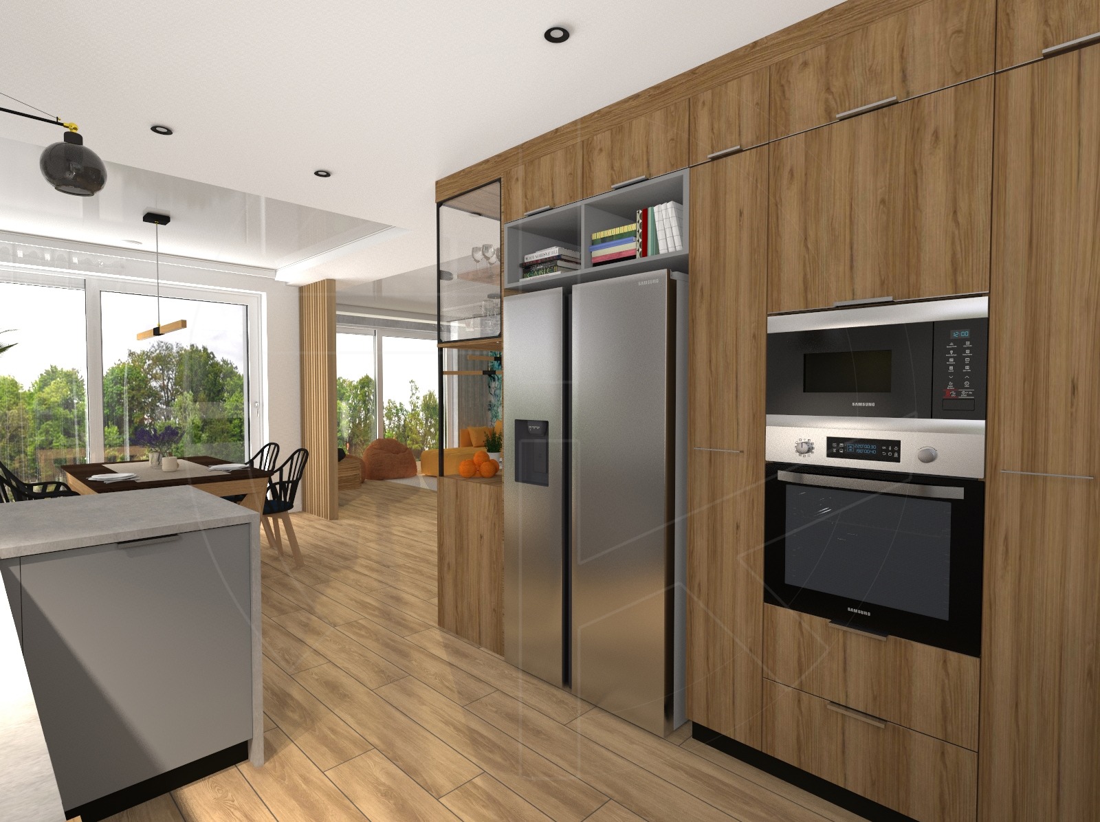 Wizualizacja nowoczesnej kuchni z drewnianymi szafkami, zabudowaną lodówką Samsung i piekarnikiem z mikrofalówką, widok na jadalnię i salon z dużymi oknami.