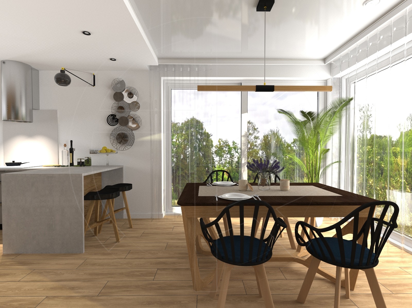 Wizualizacja jasnej jadalni z drewnianym stołem, czarnymi krzesłami i dużym oknem z widokiem na zieleń, uzupełniona wyspą kuchenną z hokerami i dekoracjami ściennymi.