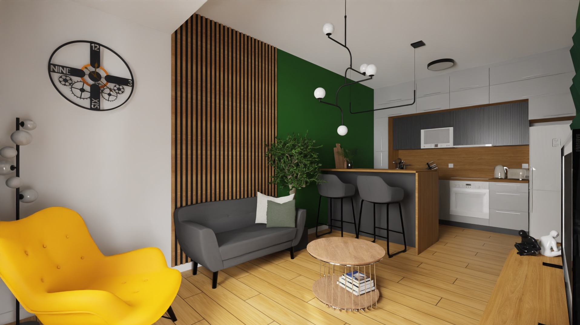 Wizualizacja nowoczesnego mieszkania z żółtym fotelem, szarą sofą, drewnianą ścianą z lamelami i aneksem kuchennym z barkiem.
