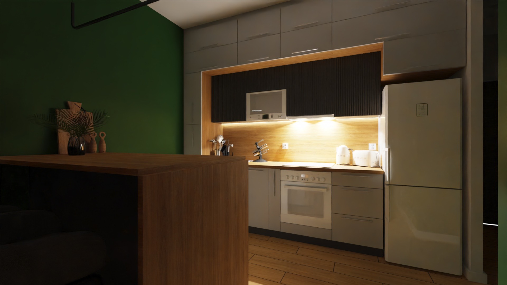 Nowoczesna kuchnia z drewnianym blatem wyspowym, szarymi szafkami i zieloną ścianą, oświetlona ciepłym światłem.