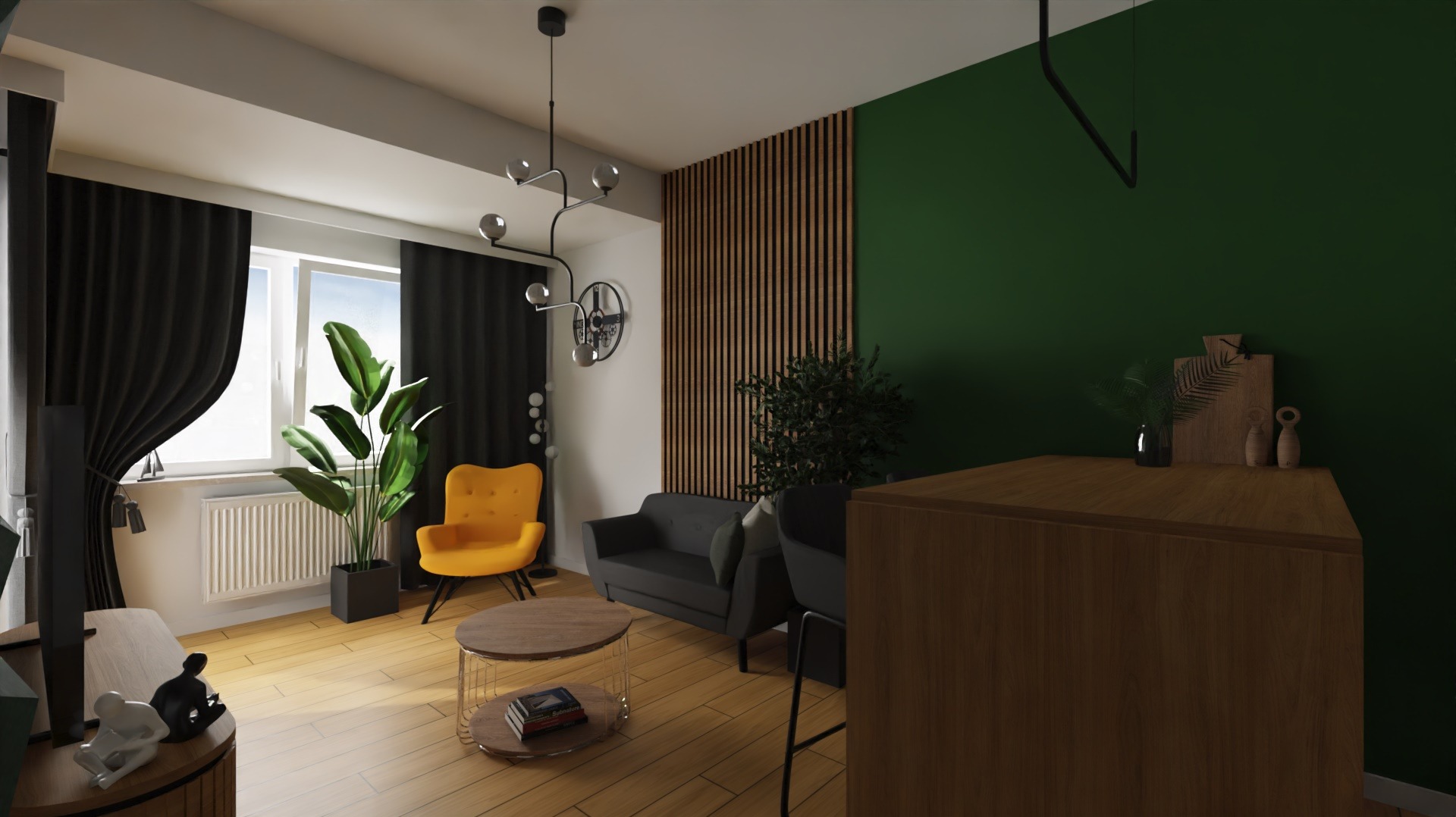 Nowoczesny salon z akcentami zieleni i żółci: drewniane lamele na ścianie, ciemnozielona ściana, szara sofa, żółty fotel, drewniany stolik kawowy z książkami, duża roślina doniczkowa przy oknie...