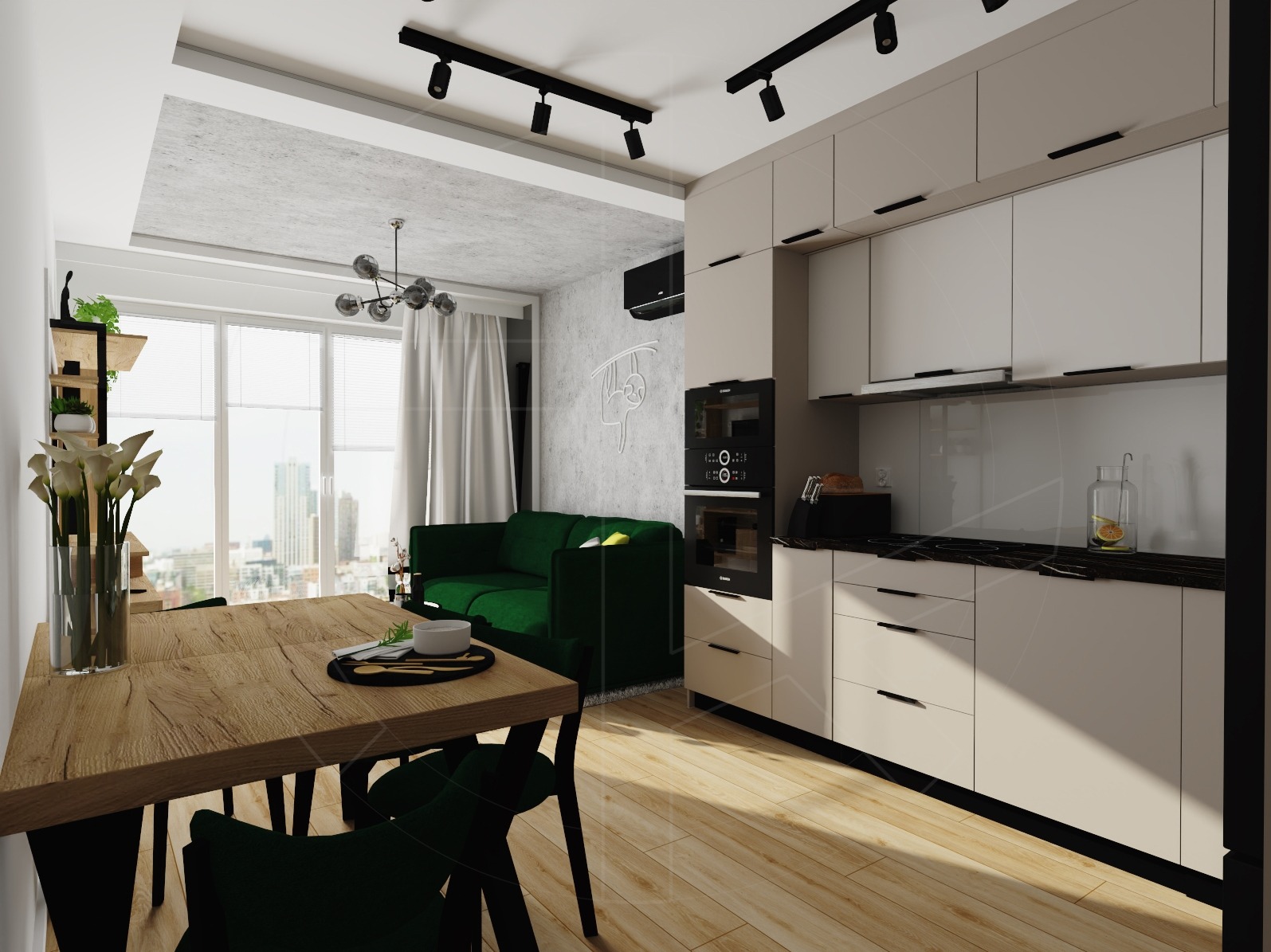 Wizualizacja jasnej kuchni z drewnianym stołem i zieloną sofą w tle, Rzeszów. Na blacie kuchennym stoi słoik z cytryną, a nad sofą wisi neon w kształcie leniwca.