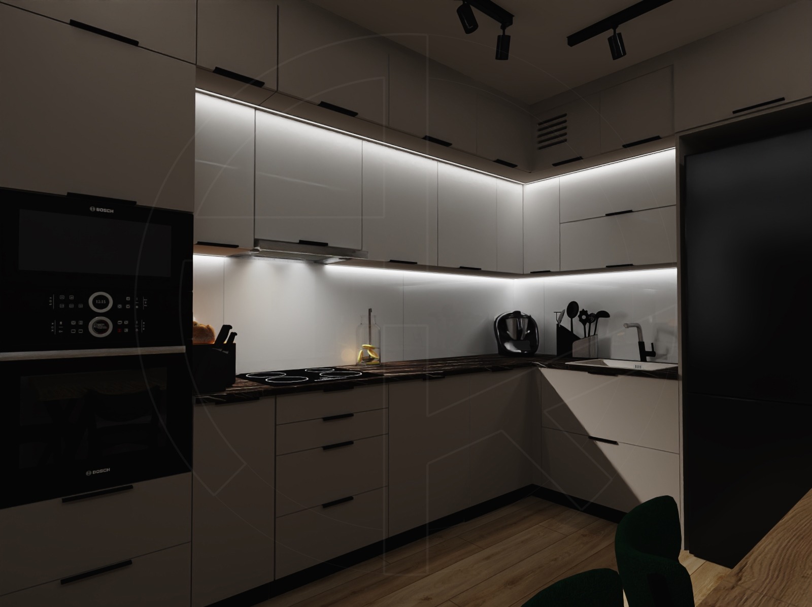 Nowoczesna kuchnia w szarościach z oświetleniem LED pod szafkami, czarnymi akcentami w postaci uchwytów i sprzętu AGD marki Bosch, oraz drewnianym blatem i podłogą.