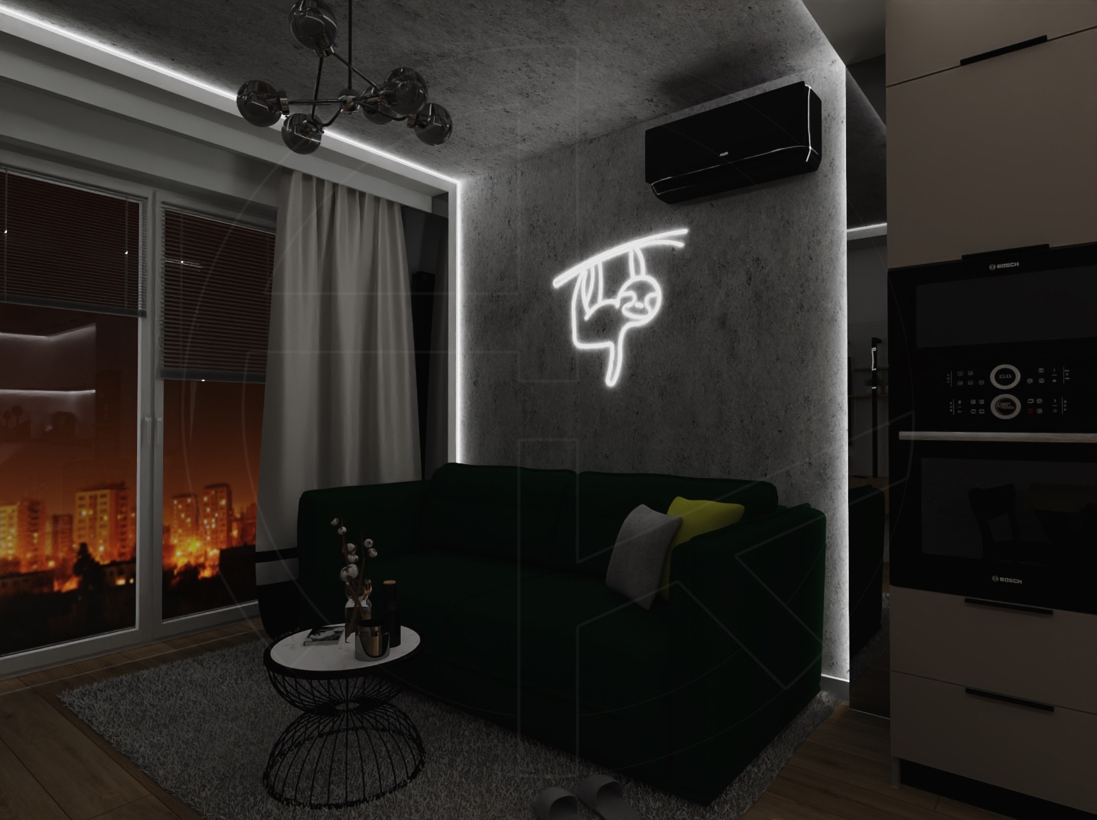 Nowoczesny salon z betonową ścianą, neonem leniwca, ciemnozieloną sofą i widokiem na nocne miasto.