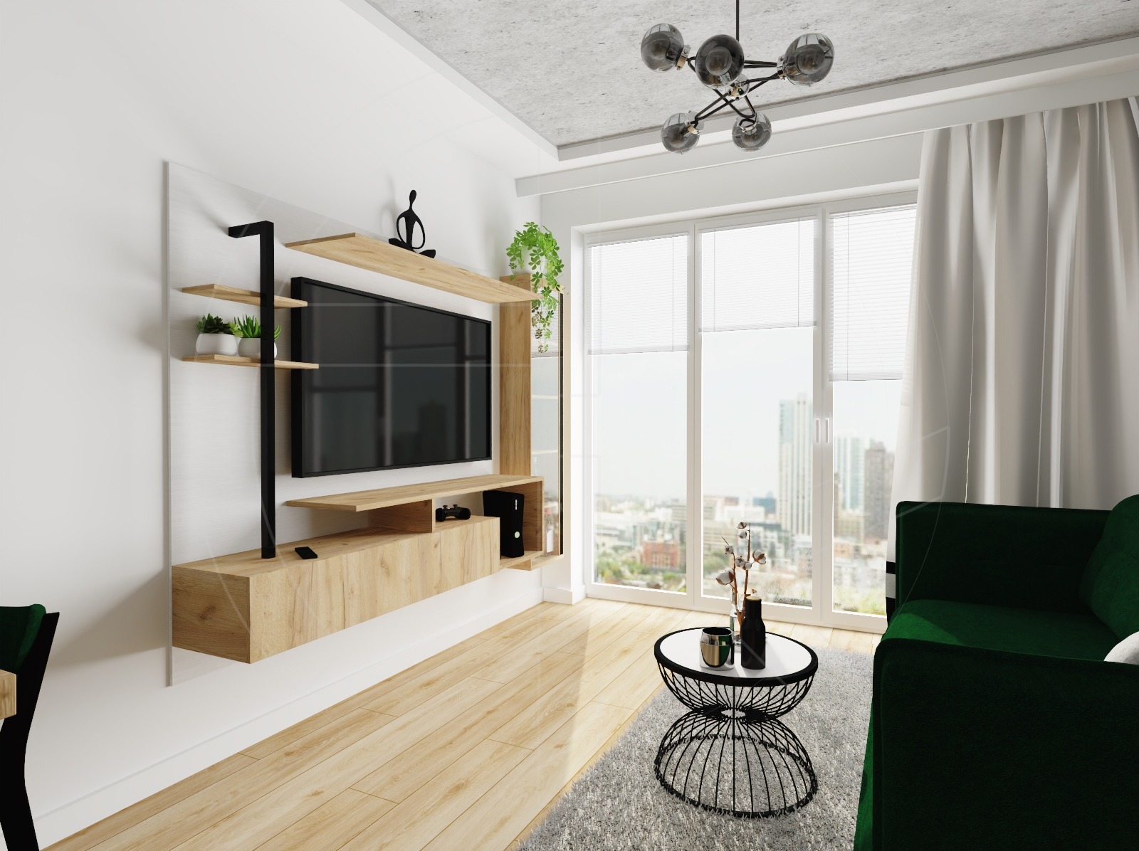 Nowoczesny salon z wiszącą szafką RTV z drewnianymi półkami, czarnymi elementami metalowymi, dekoracjami, zielonymi roślinami, widokiem na miasto przez okno i designerską lampą sufitową.