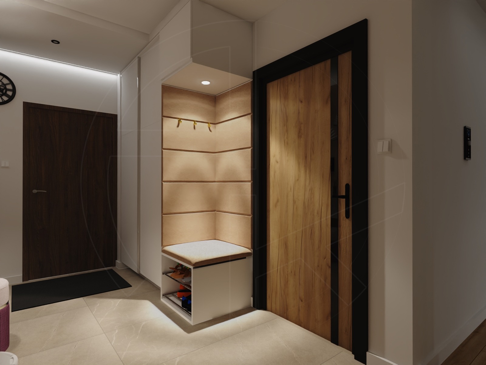 Nowoczesny przedpokój z wbudowaną szafą, tapicerowanym siedziskiem z miejscem na buty i drewnianymi drzwiami z czarną ramą.