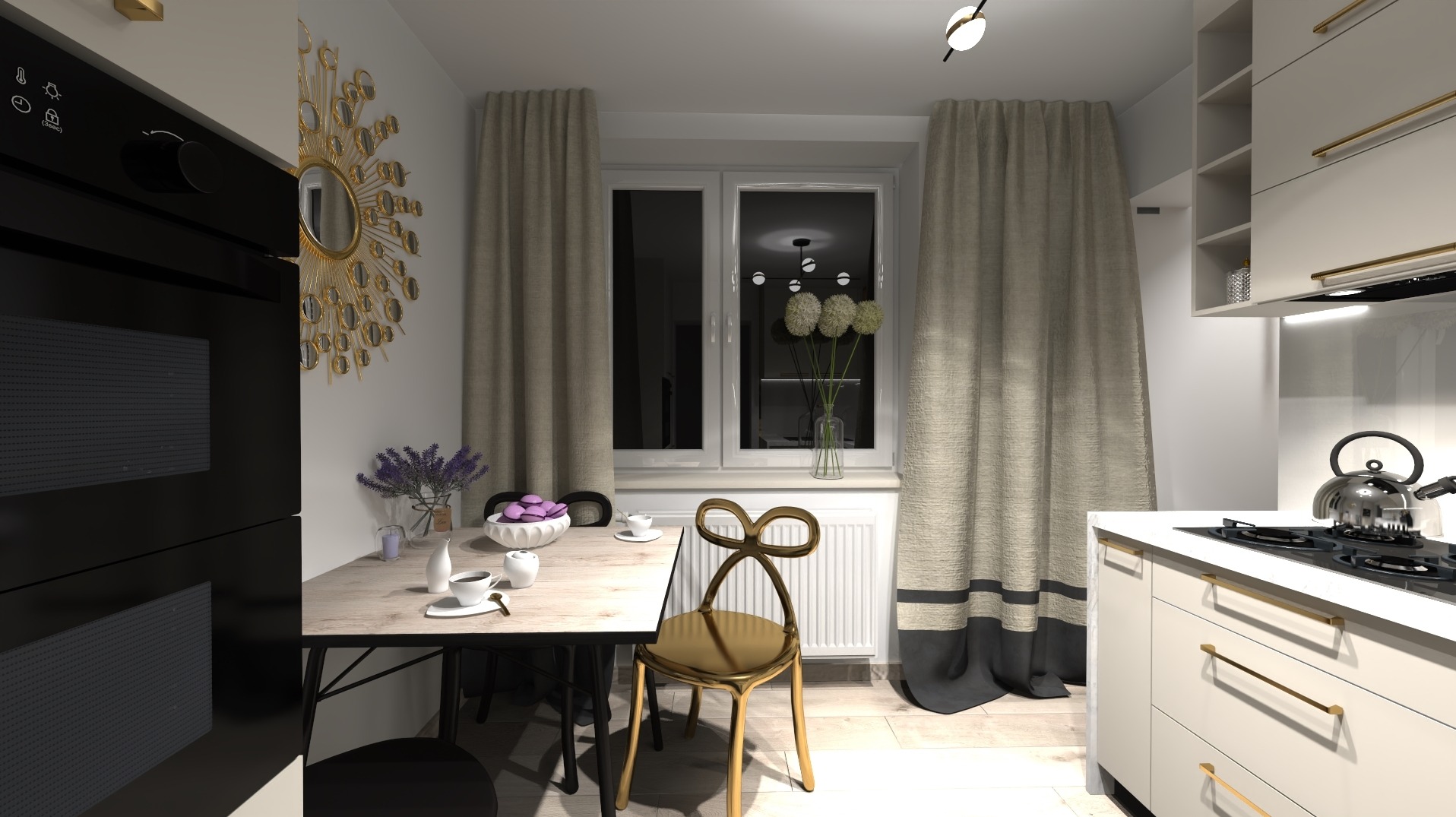 Wizualizacja kuchni z jadalnią: czarny piekarnik w zabudowie, stół z czarnymi nogami, złote krzesło o fantazyjnym kształcie, dekoracyjne lustro słoneczne na ścianie, kwiaty w wazonie na stole, okno...