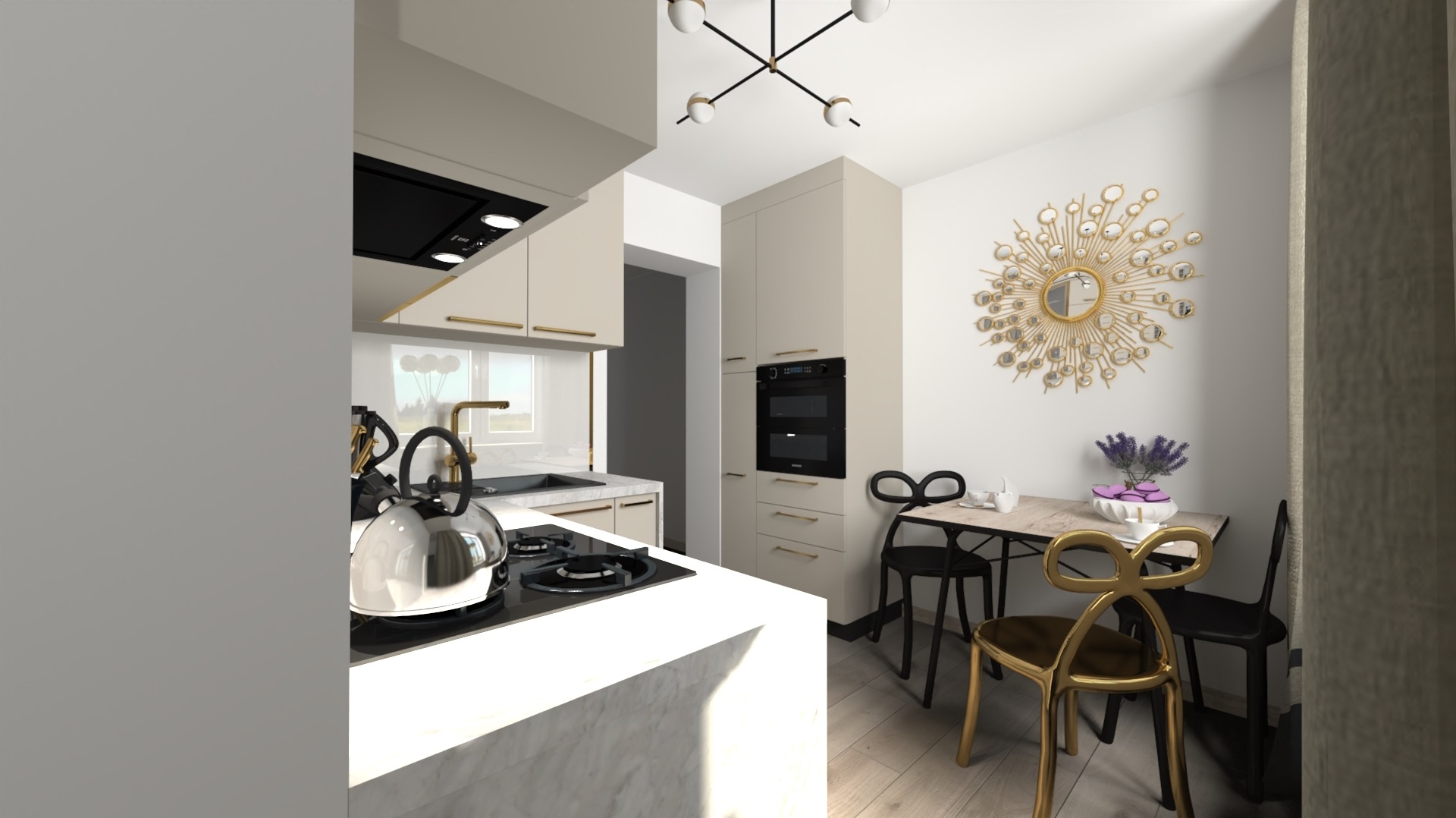 Wizualizacja kuchni z wyspą, beżowe szafki z złotymi uchwytami, czarny piekarnik w zabudowie, okrągłe lustro nad stołem z krzesłami w stylu glamour.