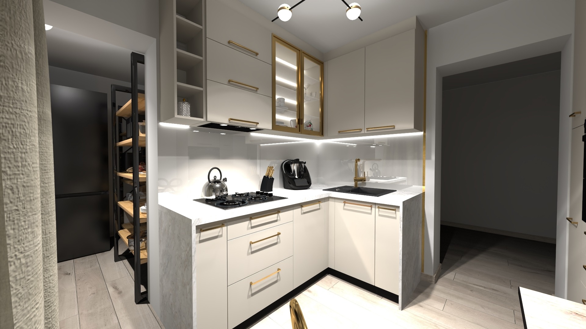 Wizualizacja nowoczesnej kuchni z białymi szafkami, złotymi akcentami i marmurowym blatem, wyposażonej w czajnik, płytę grzewczą i ekspres do kawy, z widocznym regałem z czarnymi ramami...