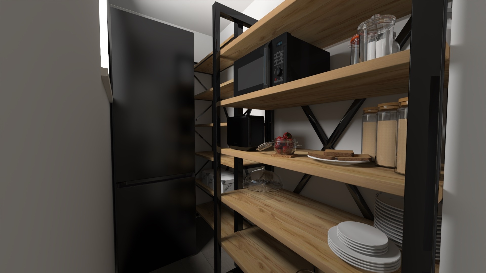 Nowoczesna spiżarnia z czarną lodówką i otwartymi, drewnianymi półkami z metalowymi wspornikami, na których stoją słoiki, talerze i mikrofalówka.