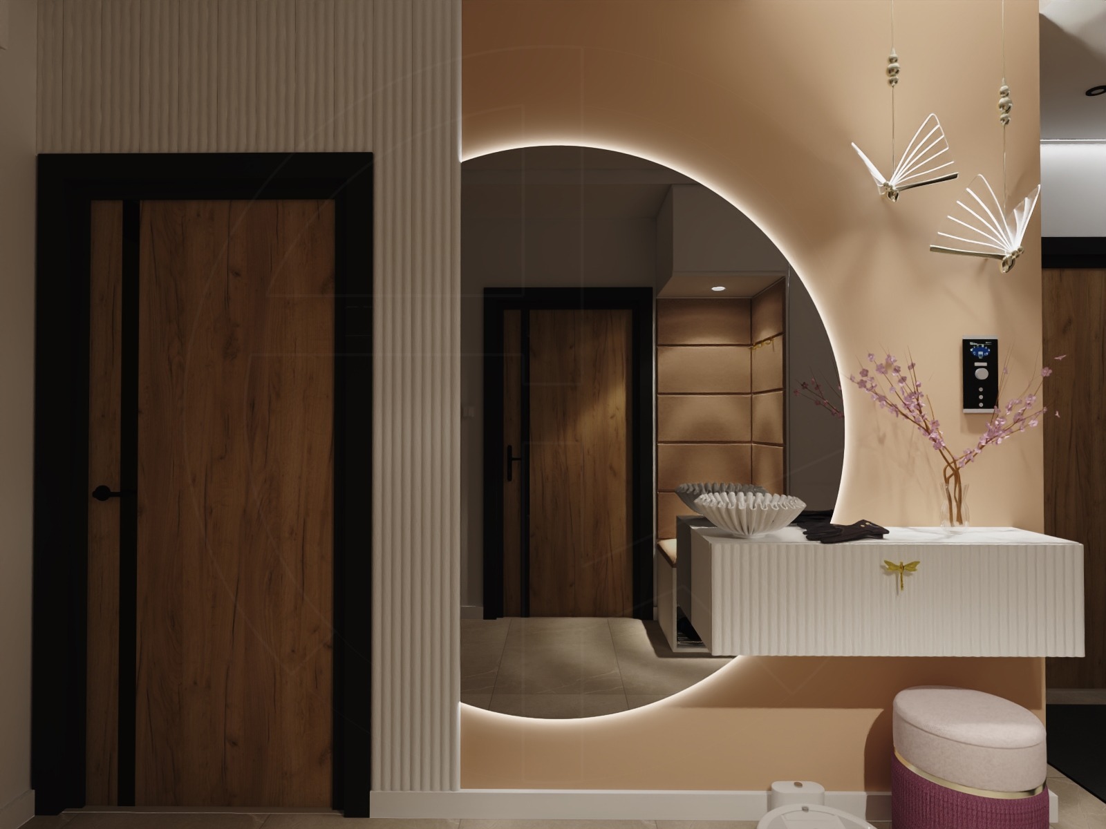 Nowoczesny przedpokój z dużym, okrągłym lustrem z podświetleniem LED, konsolą z dekoracyjną misą i wazonem z gałązkami, oraz lampami w kształcie motyli