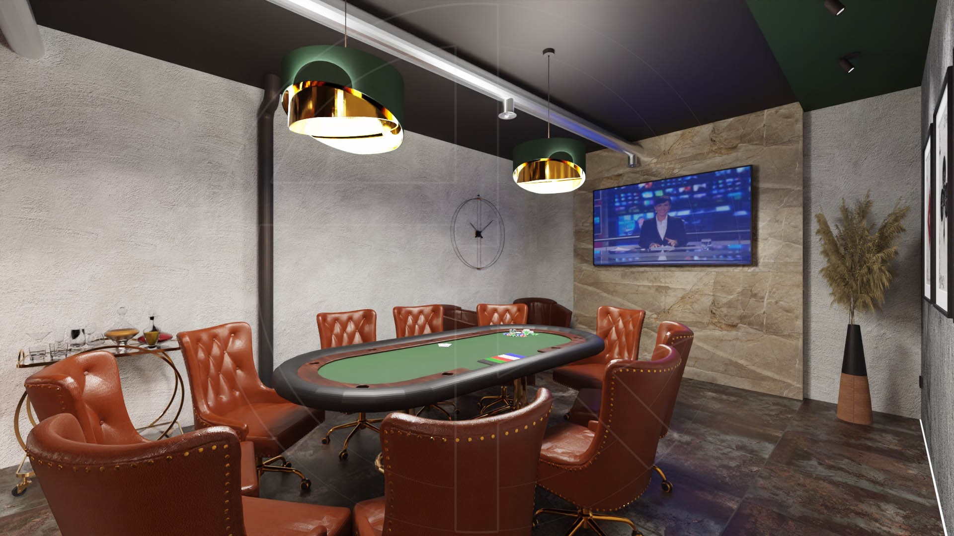 Pokój z okrągłym stołem do pokera, otoczonym brązowymi krzesłami na kółkach, pod zielono-złotymi lampami wiszącymi, z barem na kółkach z napojami po lewej stronie, zegarem na ścianie i telewizorem...
