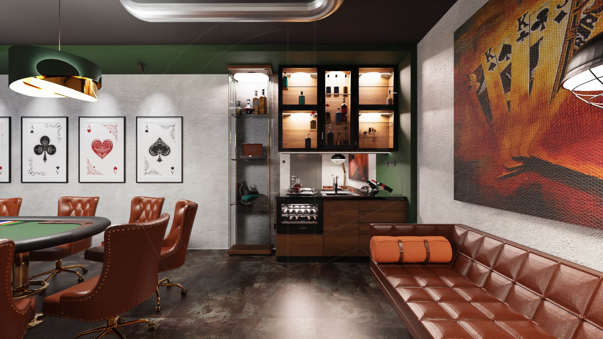 Luksusowy pokój gier z okrągłym stołem do pokera, skórzanymi fotelami, barkiem z podświetlanymi półkami na alkohol, sofą i obrazem kart do gry na ścianie.