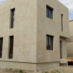 Pet-sam bud - Surowy budynek w stylu minimalistycznym z beżową elewacją i ciemnymi oknami, widoczne ślady po ocieplaniu, teren wokół niezagospodarowany.