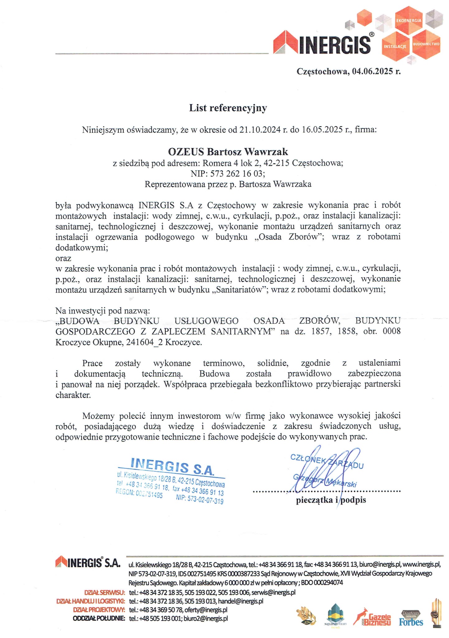 List referencyjny od firmy Inergis S.A. z Częstochowy dla OZEUS Bartosz Wawrzak, potwierdzający wykonanie prac instalacyjnych w budynku Osada Zborów.