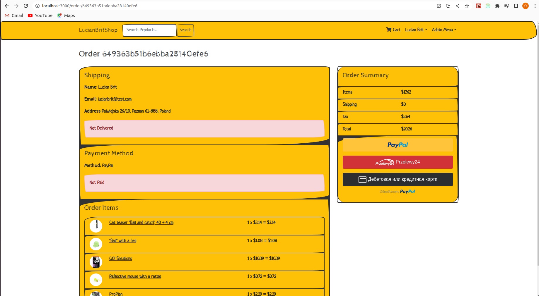 Zrzut ekranu strony internetowej sklepu LucianBritShop przedstawiający szczegóły zamówienia, w tym dane wysyłkowe, metodę płatności (PayPal), listę zamówionych przedmiotów (zabawki dla kota)...