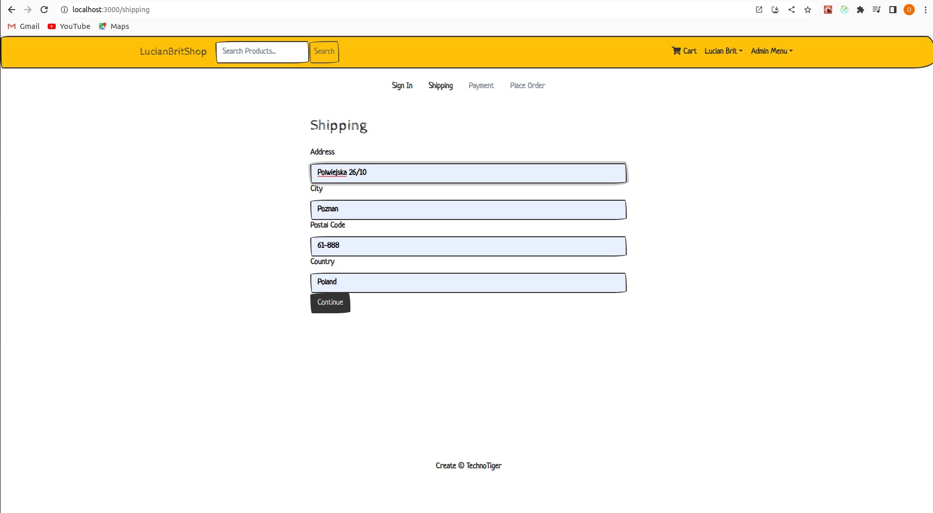 Ekran przeglądarki z formularzem wysyłki sklepu internetowego LucianBritShop, zawierającym pola adres, miasto, kod pocztowy i kraj wypełnione danymi przykładowymi.