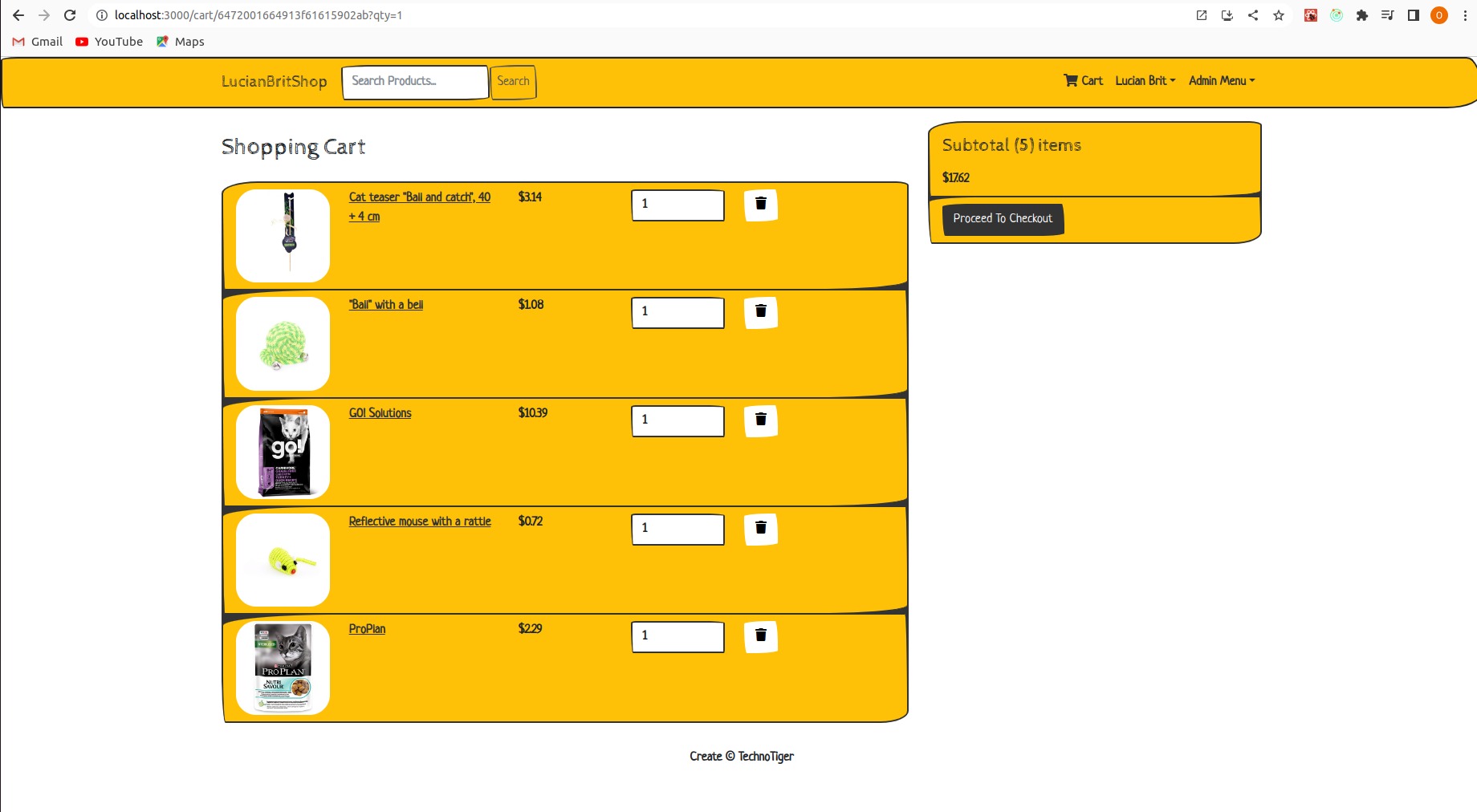Interfejs koszyka sklepu internetowego z listą produktów dla zwierząt: wędka dla kota, piłka z dzwonkiem, karma dla psa GO! Solutions i ProPlan, myszka z grzechotką. Widoczna cena jednostkowa...