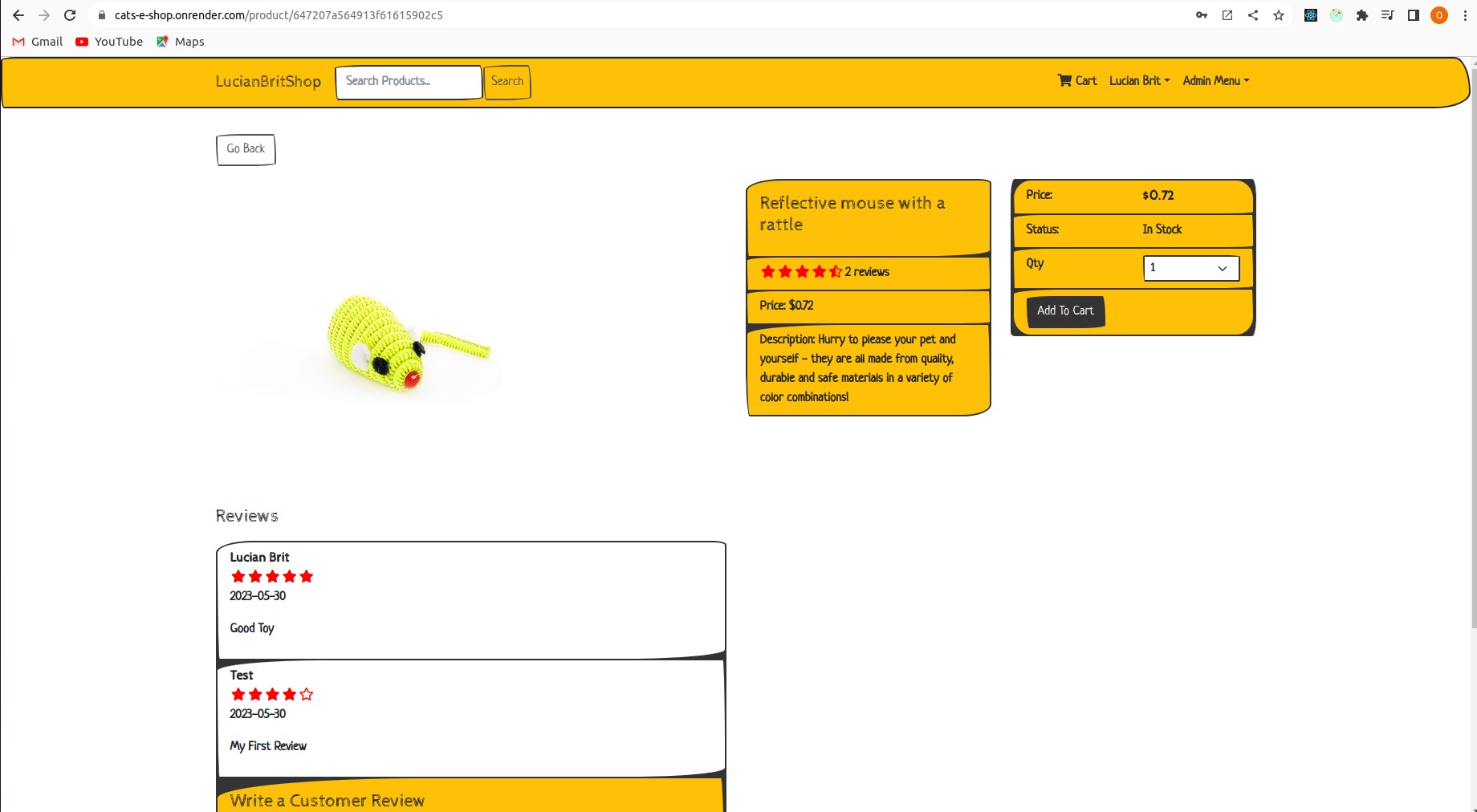 Zrzut ekranu strony produktu w sklepie internetowym LucianBritShop, prezentujący zieloną, ręcznie robioną myszkę-zabawkę dla kota z rattlerem, cenę $0.72, ocenę 4.5 gwiazdki i opcję dodania...