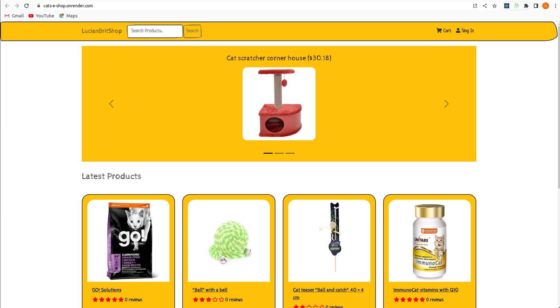 Zrzut ekranu strony internetowej sklepu zoologicznego LucianBritShop, prezentujący karuzelę z produktami, w tym drapak dla kota, oraz sekcję z najnowszymi produktami, takimi jak karma GO! Solutions...