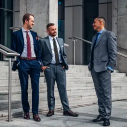 Trzech mężczyzn w garniturach rozmawia na schodach nowoczesnego budynku biurowego, eleganckie stroje, profesjonalny wygląd.