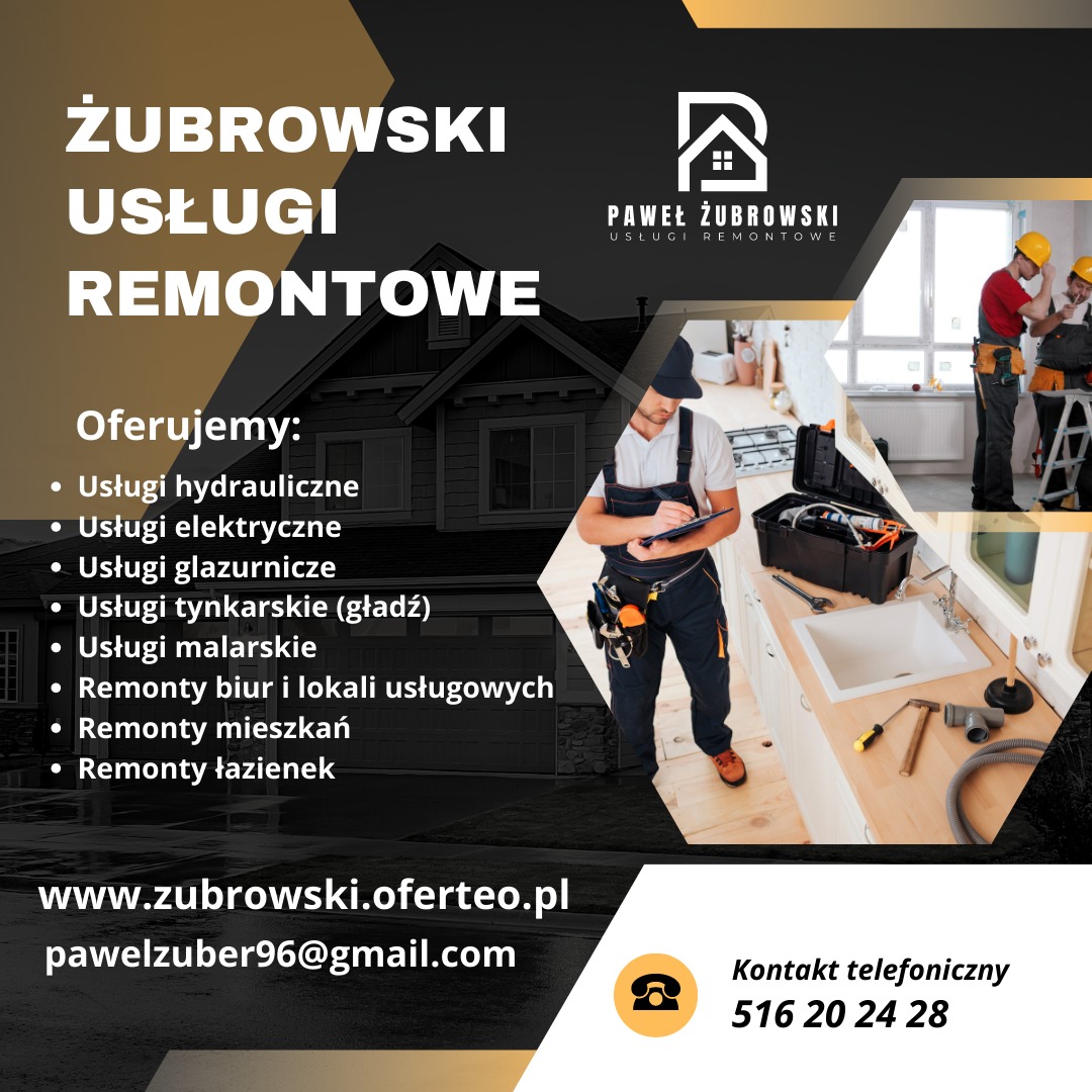 Grafika reklamowa firmy remontowej Żubrowski Usługi Remontowe, oferującej usługi hydrauliczne, elektryczne, glazurnicze, tynkarskie, malarskie, remonty biur, mieszkań i łazienek, z adresem strony...