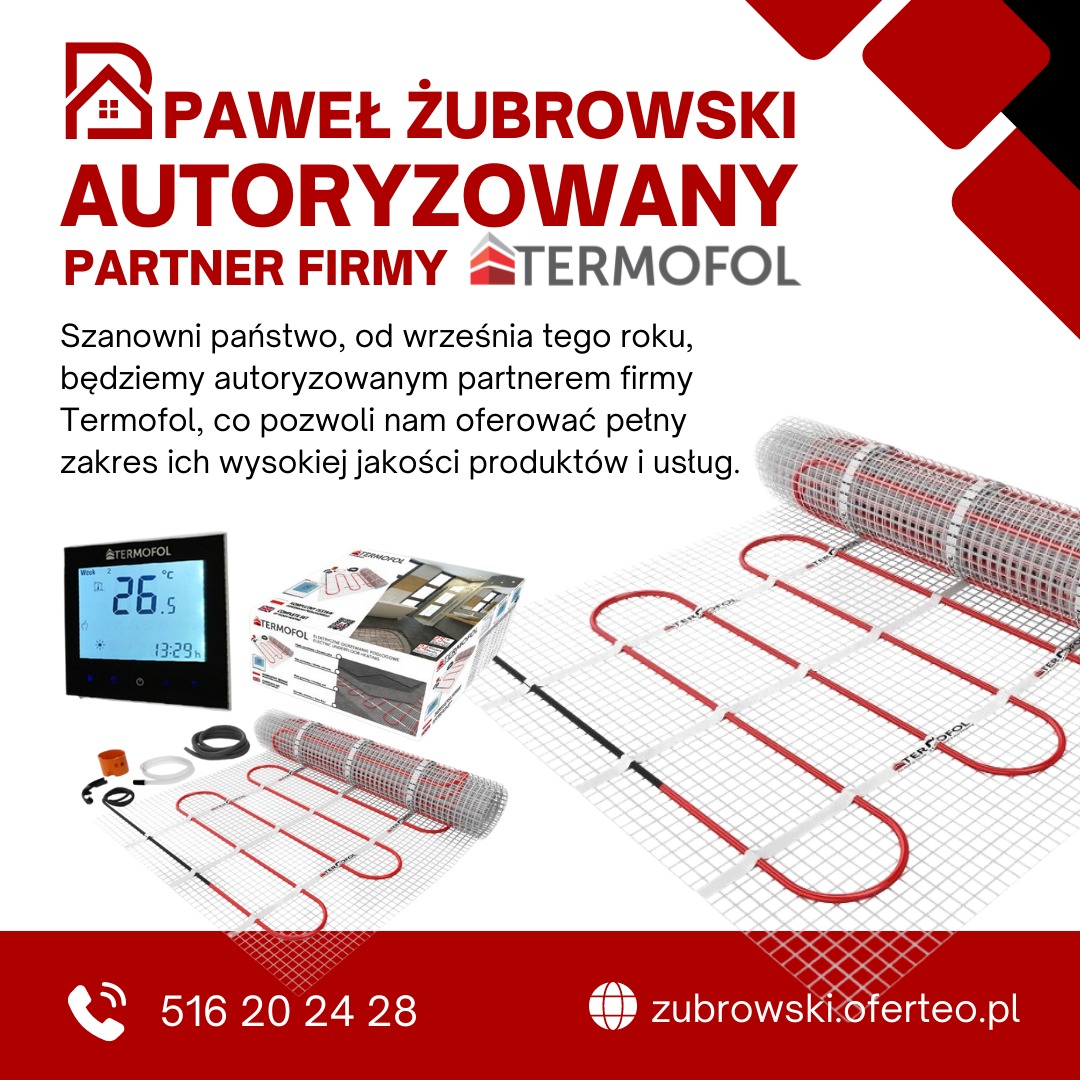 Reklama firmy Termofol, prezentująca system ogrzewania podłogowego z widocznym termostatem, grzejną matą oraz pudełkiem z wizualizacją instalacji.