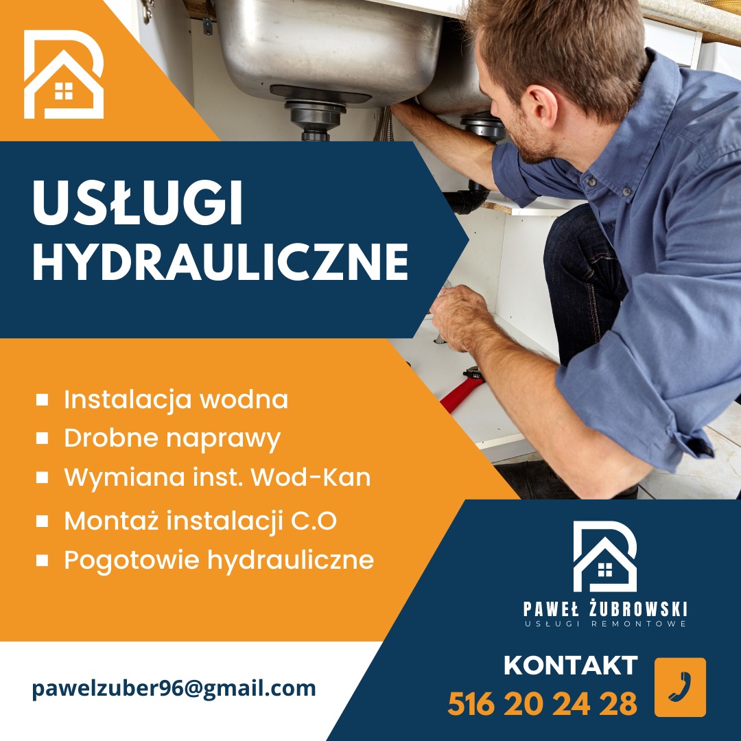 Mężczyzna w niebieskiej koszuli naprawia zlew, widoczny klucz francuski i instalacja wodna, na pierwszym planie reklama usług hydraulicznych z danymi kontaktowymi.