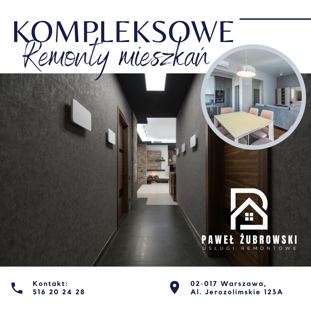 Grafika reklamowa firmy remontowej: ciemny korytarz z oświetleniem punktowym, w tle widoczny salon z kuchnią, logo firmy i dane kontaktowe.