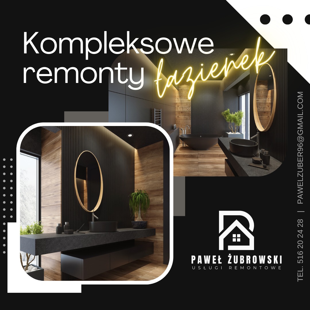 Grafika reklamowa prezentująca wizualizacje dwóch nowoczesnych łazienek w ciemnej tonacji z elementami drewna i neonowym napisem 'łazienek', logo firmy remontowej Pawła Żubrowskiego oraz dane...
