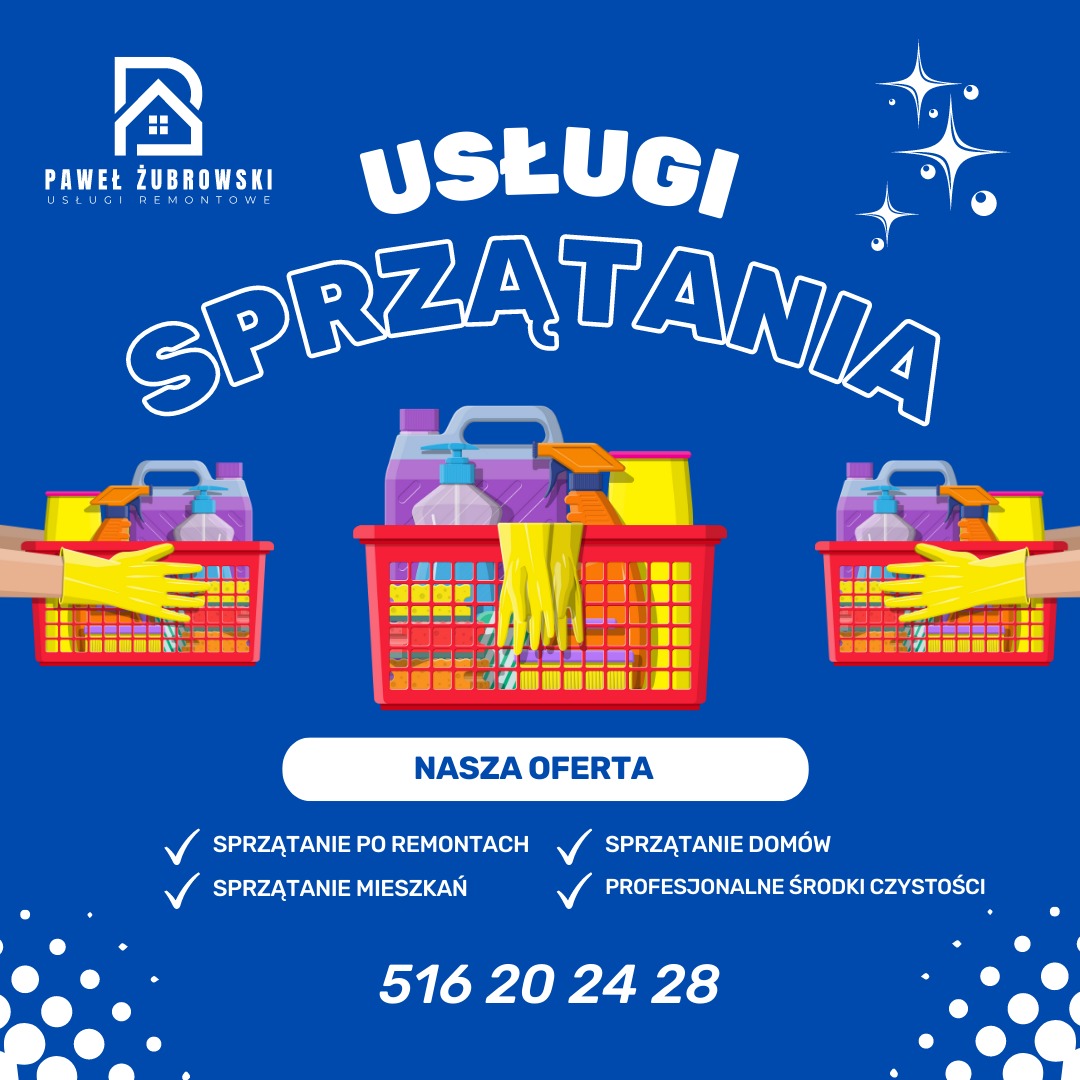 Grafika reklamowa z koszami wypełnionymi środkami czystości, rękawicami i hasłem 'Usługi Sprzątania', prezentująca ofertę firmy Paweł Żubrowski, specjalizującej się w sprzątaniu po remontach...