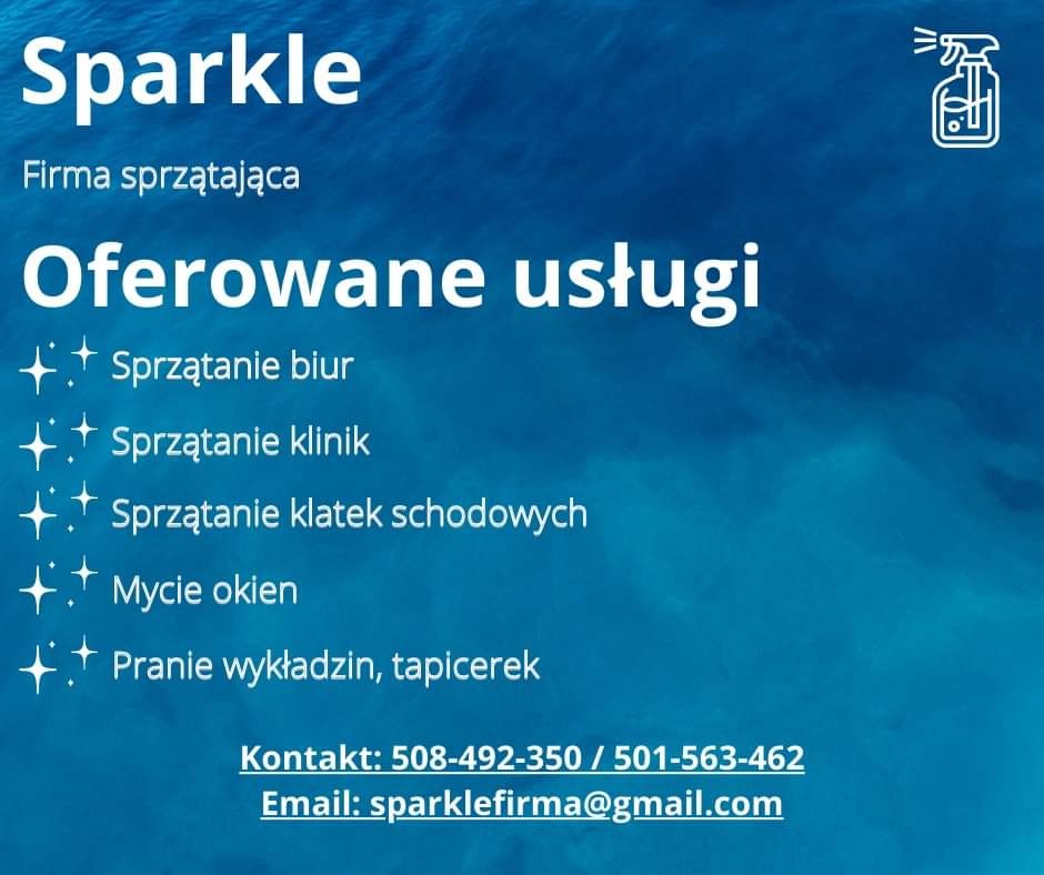 Grafika reklamowa firmy sprzątającej Sparkle, oferującej usługi sprzątania biur, klinik, klatek schodowych, mycia okien oraz prania wykładzin i tapicerek, z podanym numerem telefonu i adresem email.