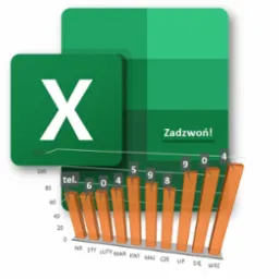 Grafika przedstawiająca logo Microsoft Excel z wykresem słupkowym, ilustrująca analizę danych i wezwanie do kontaktu.