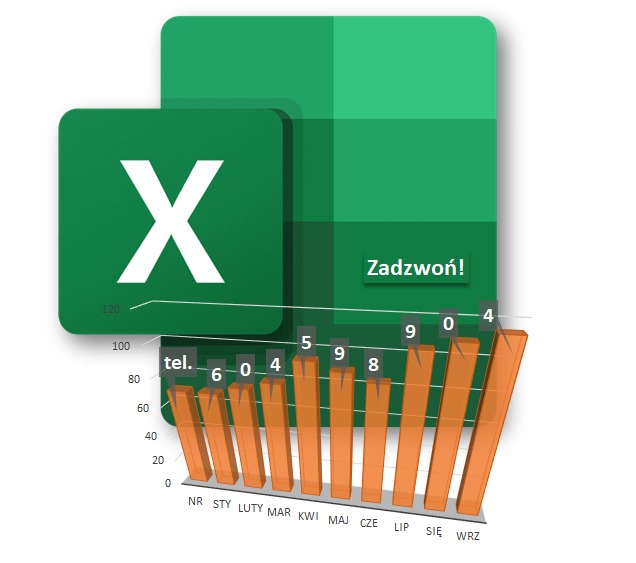 Grafika przedstawiająca logo Microsoft Excel z wykresem słupkowym, ilustrująca analizę danych i wezwanie do kontaktu.